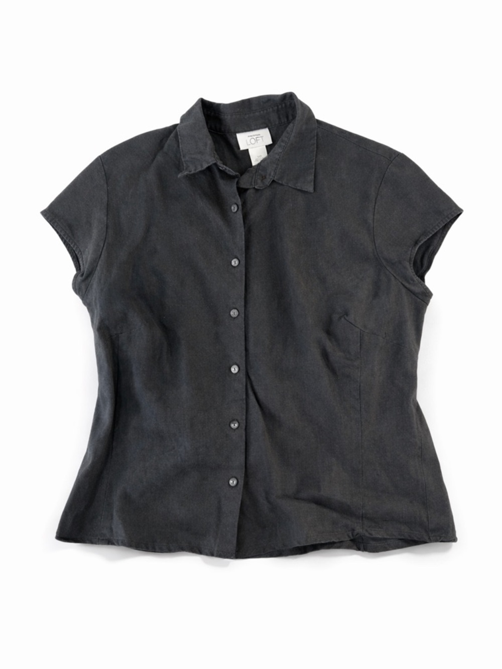 Ann Taylor LOFT 100% Linen Button Front Blouse Black Short Sleeve Petite 14P